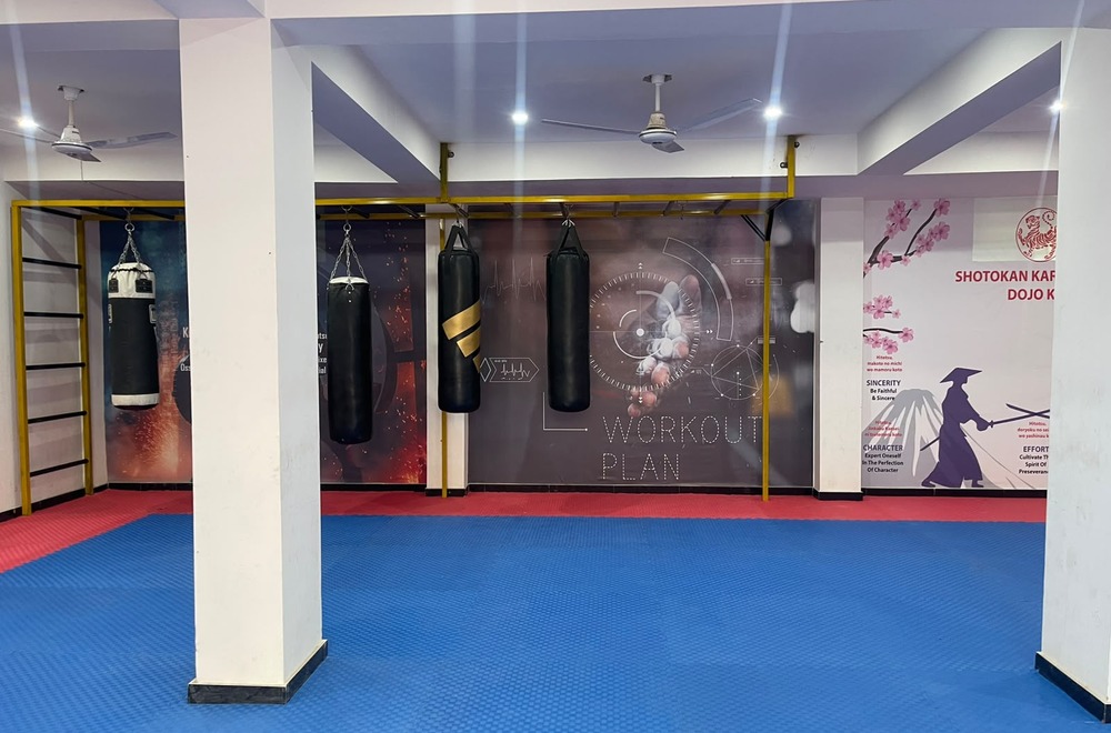 BBC Academy dojo facility with heavy bags and tatami mats